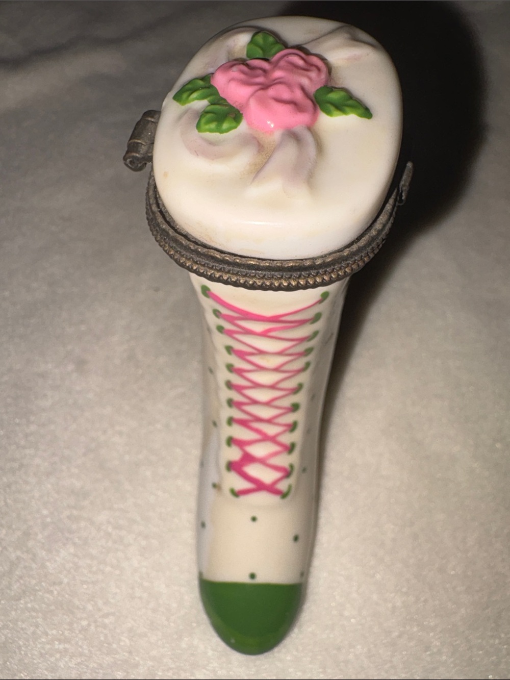 Vintage Porcelain Boot Trinket Box with Pink Rose Accent and green